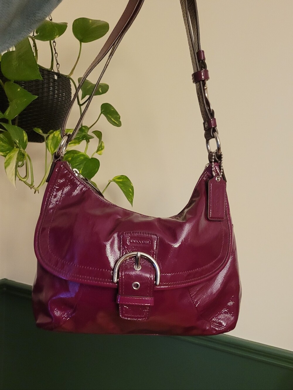 Coach Patent Soho Flap Buckle Hobo Shoulder Bag in Plum